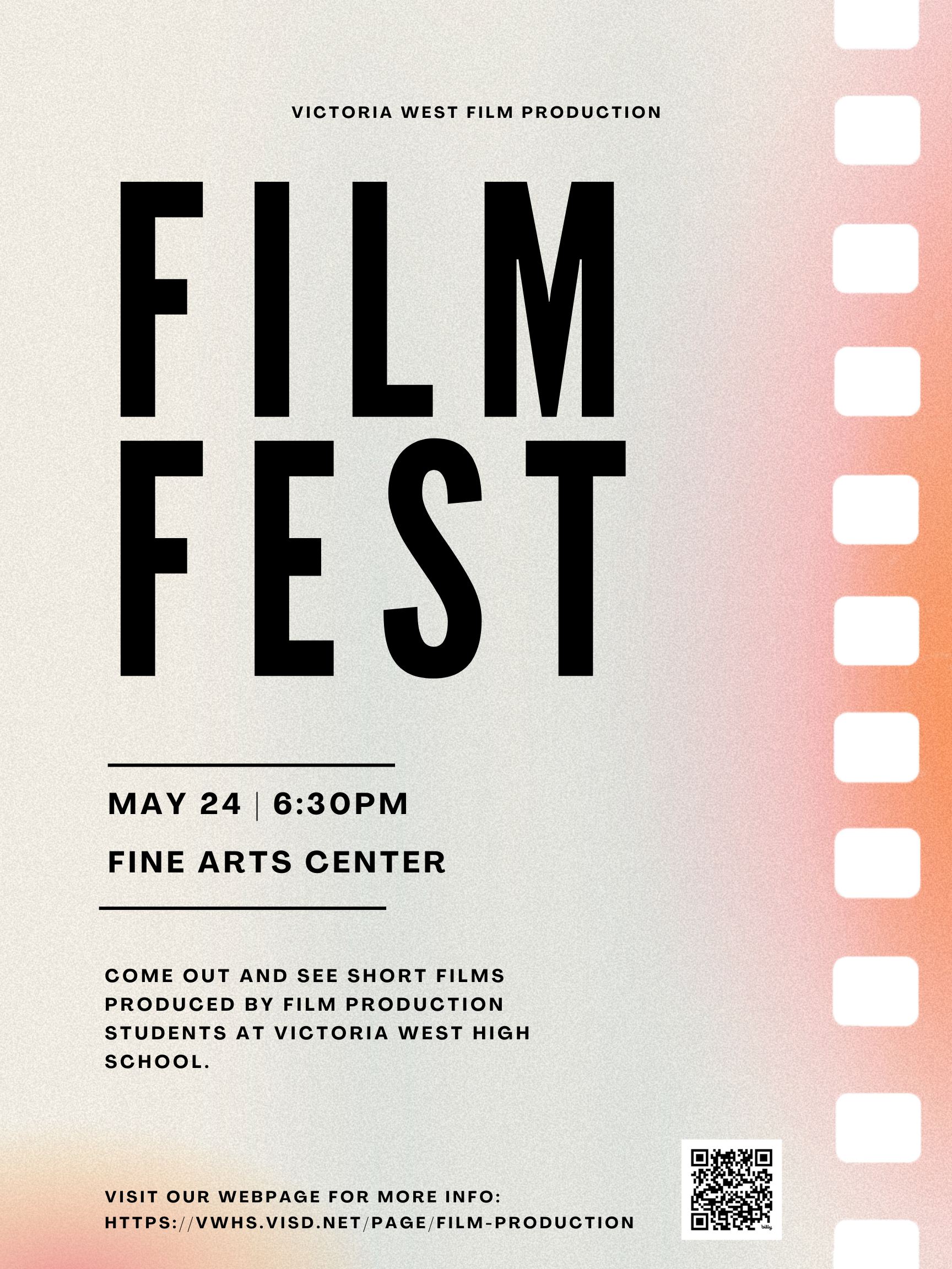 The next film festival will be on May 24 in the Fine Arts Center starting at 6:30 PM.