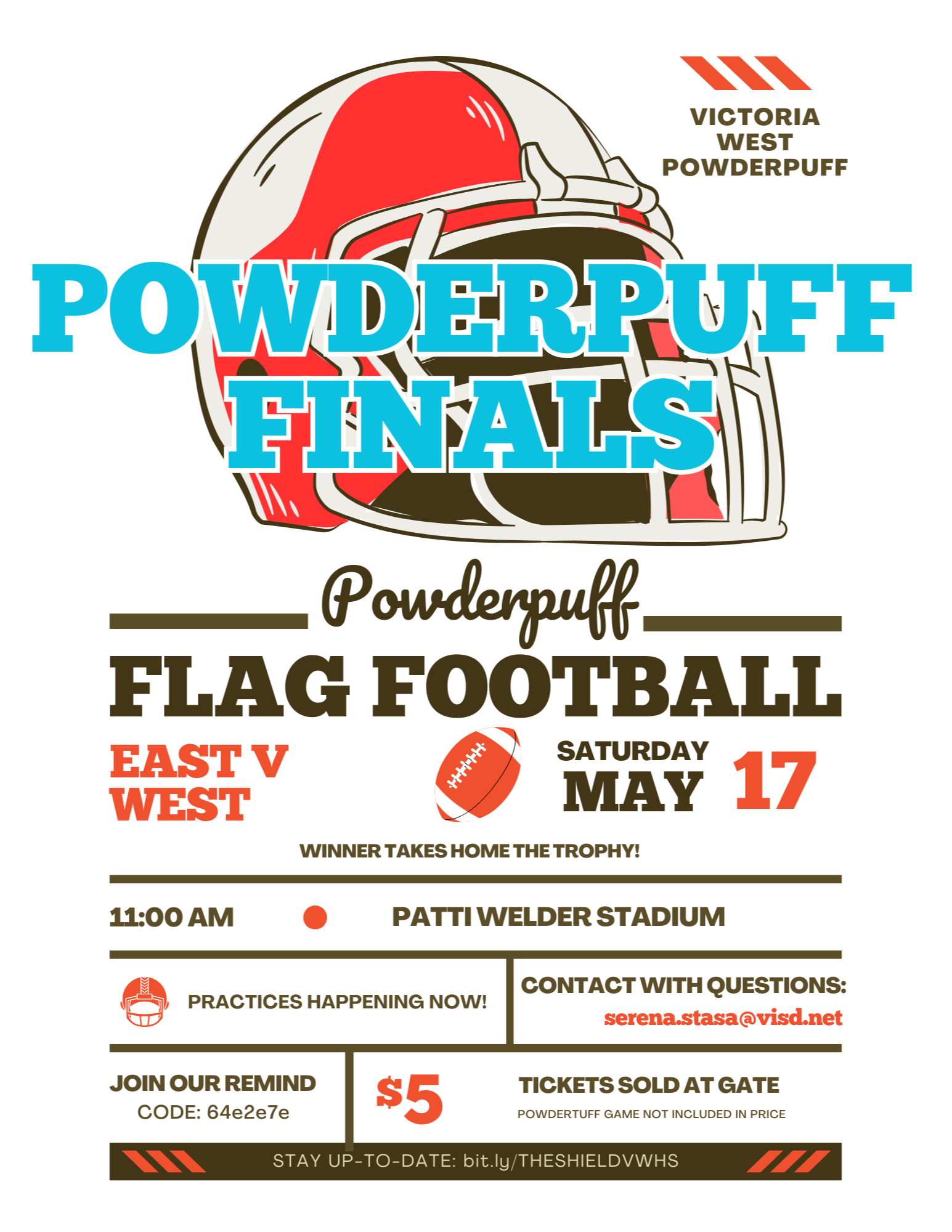 The Powderpuff girls' football game will be on May 9 in the Cade field behind the tennis courts from 5 to 7 PM. Buy a ticket to get into both games for $4 in room A130.