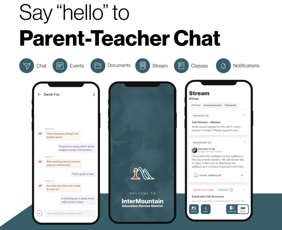say "hello" to parent teacher chat! chat, events, documents, stream, classes, notifications. image of cell phones with screen shots of the Rooms communication app, with teal accent in the background