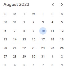 August Calendar with the 10th highlighted