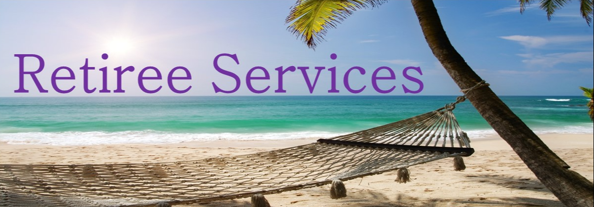 beach scene with purple words retiree services