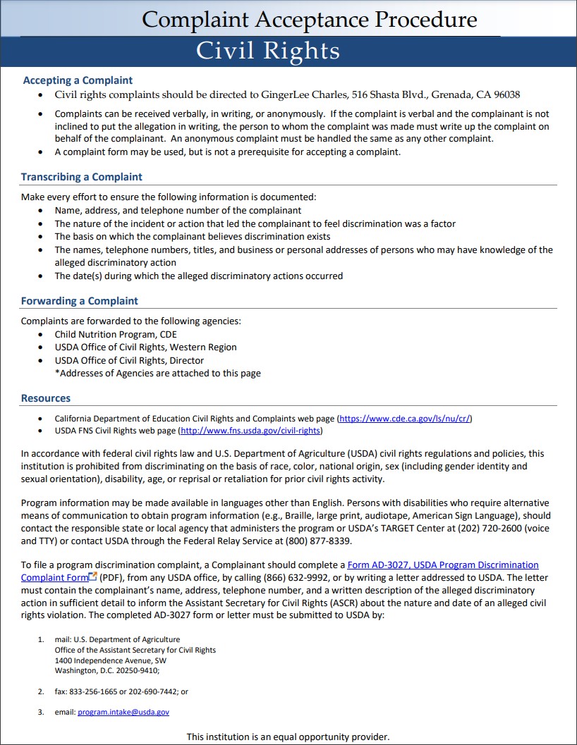 Complaint Acceptance Procedure: Civil Rights Document
