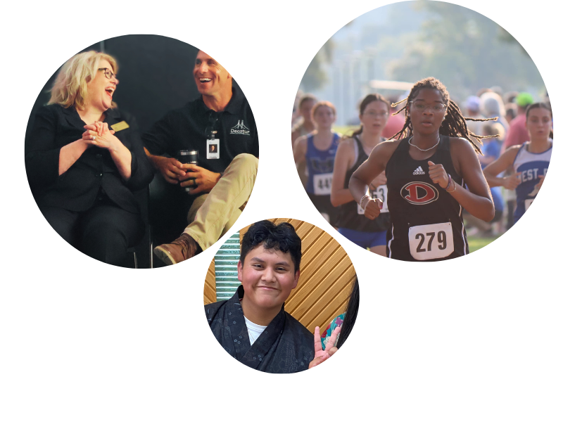 three circles, each with a different photo. right to left: a woman and man laughing, the next photo is a student smiling holding the piece sign, and the third is an action shot of a track athlete