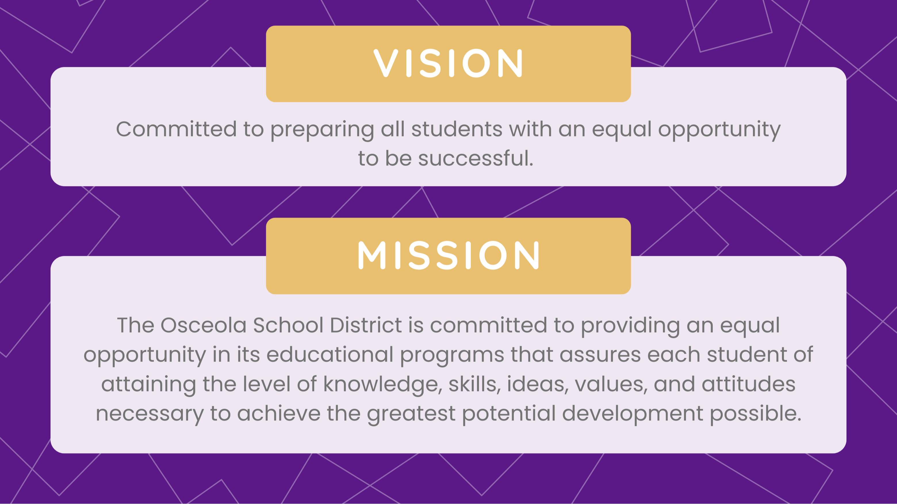 Vision: Committed to preparing all students with an equal opportunity to be successful.    Mission:  The Osceola School District is committed to providing an equal opportunity in its educational programs that assures each student of attaining the level of knowledge, skills, ideas, values, and attitudes necessary to achieve the greatest personal development possible.