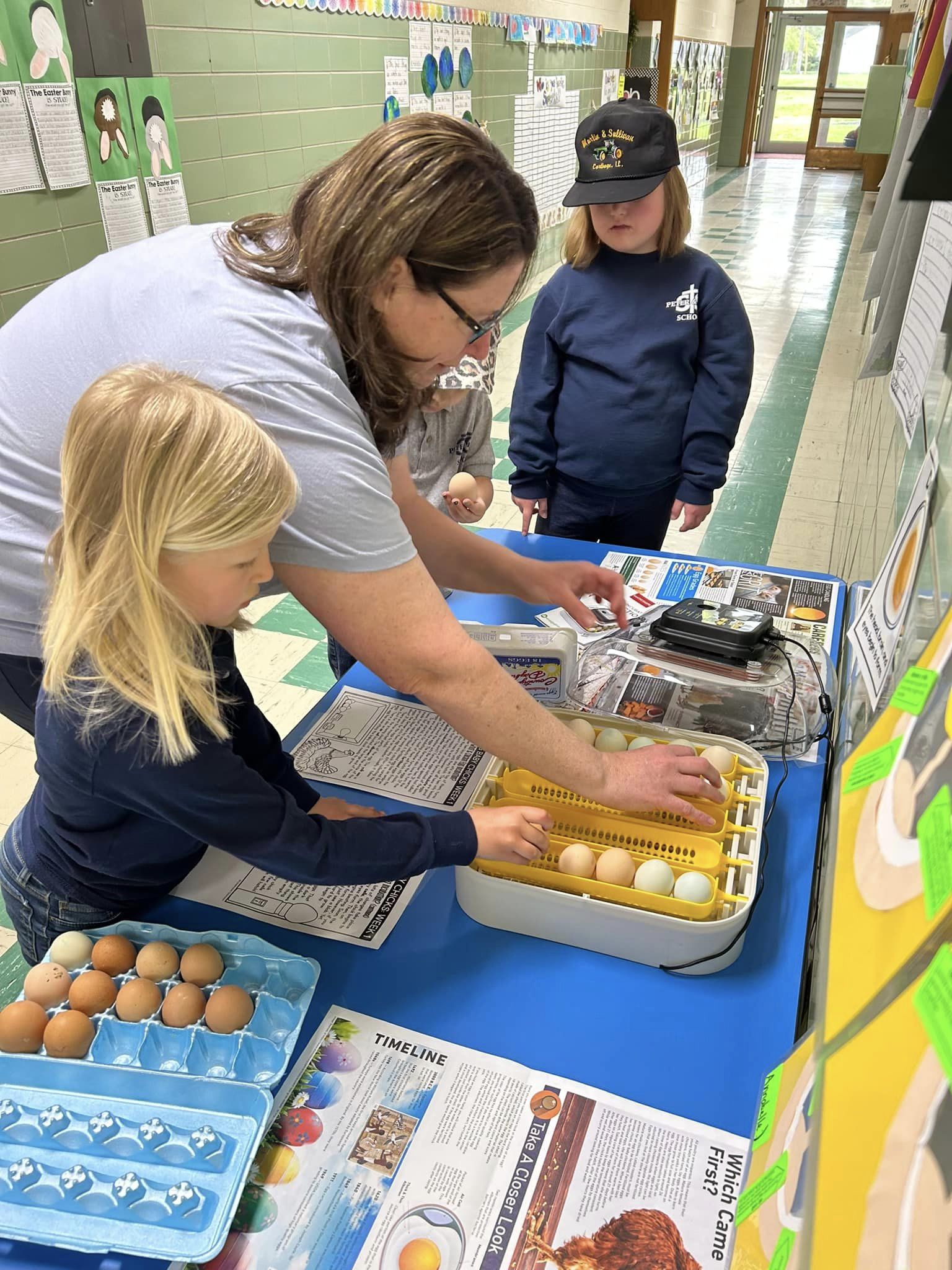 Teacher helps student with egg incubation project