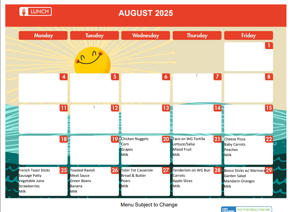 August Lunch Menu