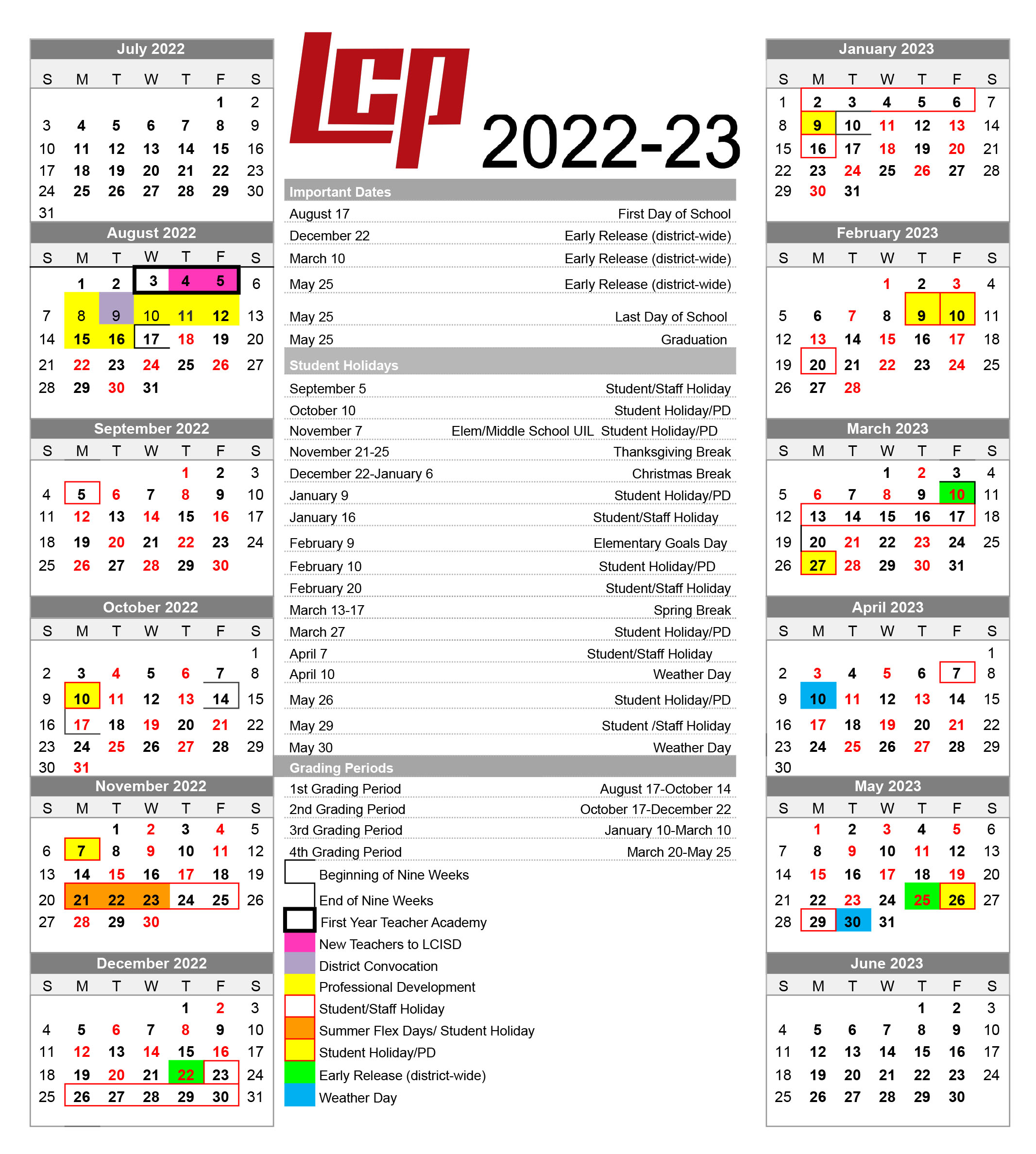 District and High School Calendar LubbockCooper ISD