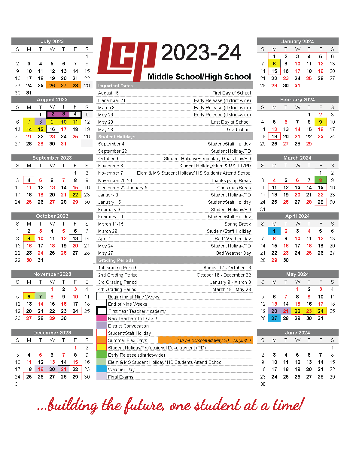 secondary calendar 2023-24