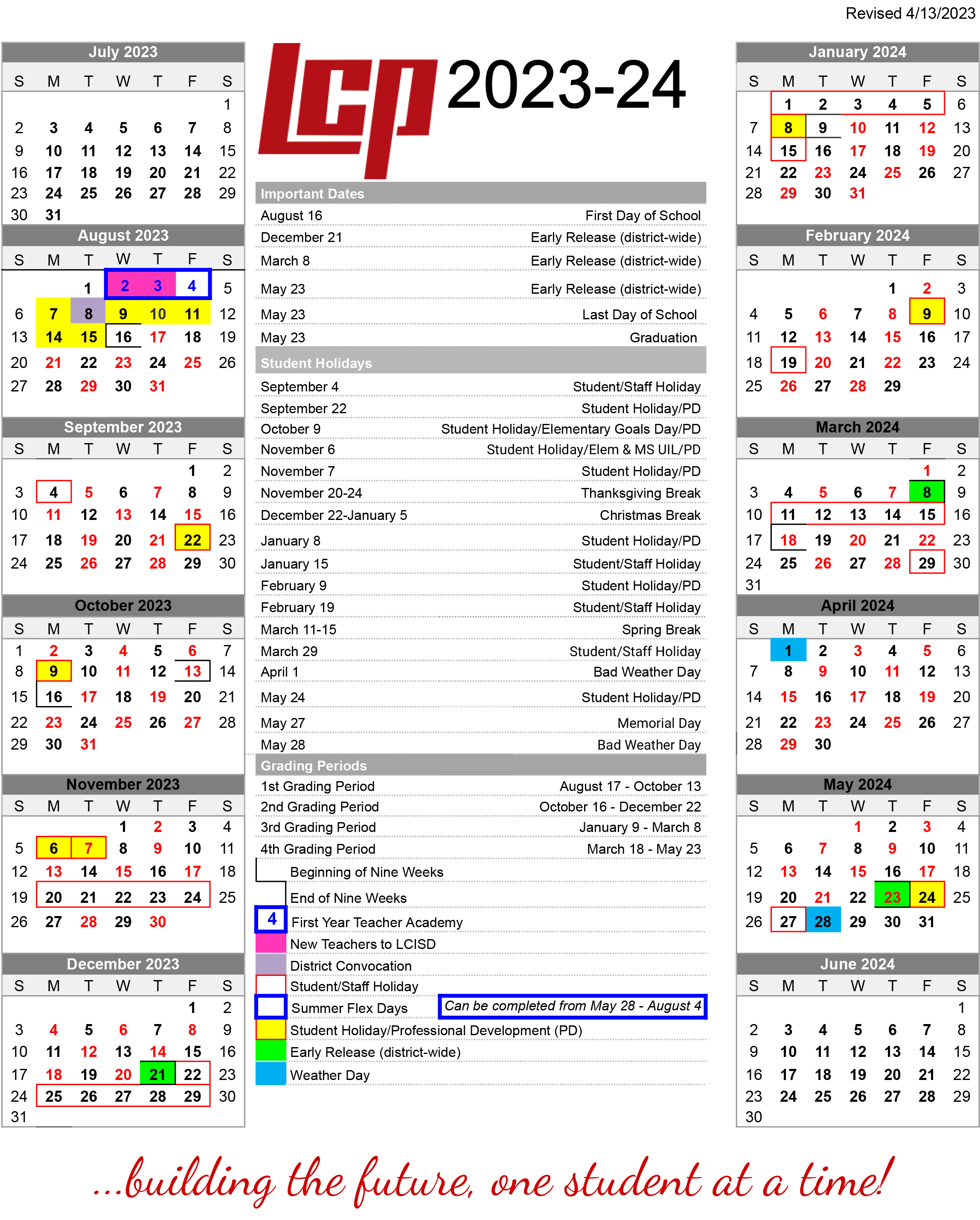 Annual School Calendars LubbockCooper ISD