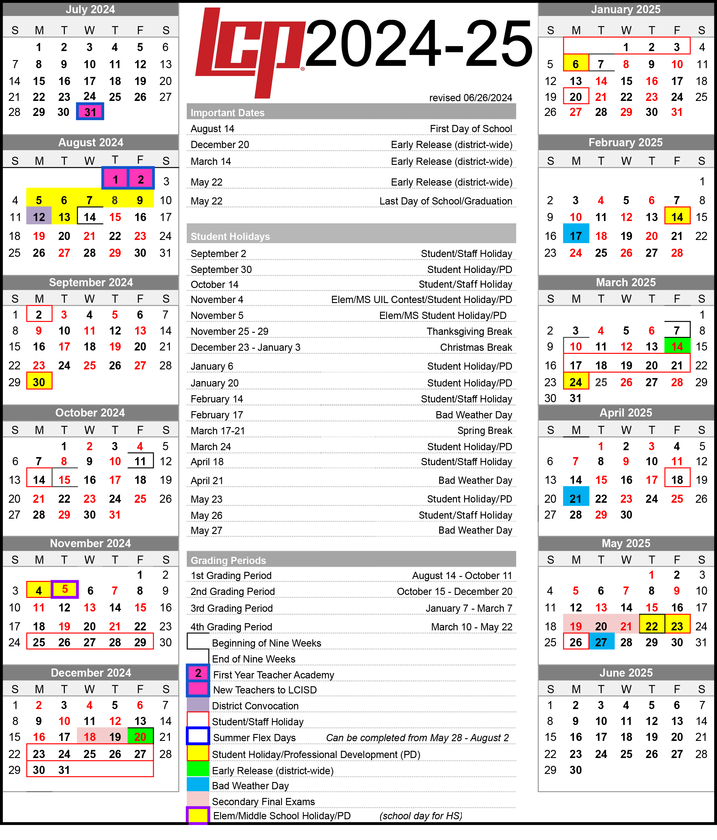 Annual School Calendars LubbockCooper ISD