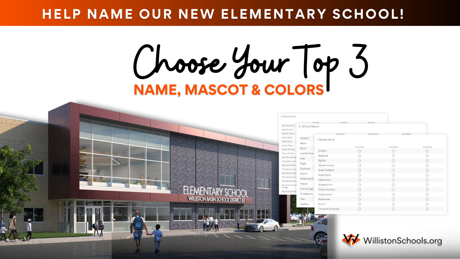 top 3 rating form new school name, mascot & colors