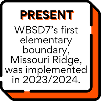 The first formal elementary school boundary for WBSD7, the Missouri Ridge boundary, was established and implemented for the 2023/2024 school year.