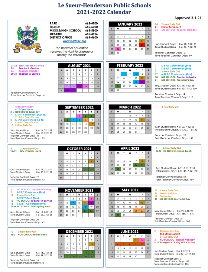 21-2022 Approved District Calendar | Le Sueur-Henderson Public Schools