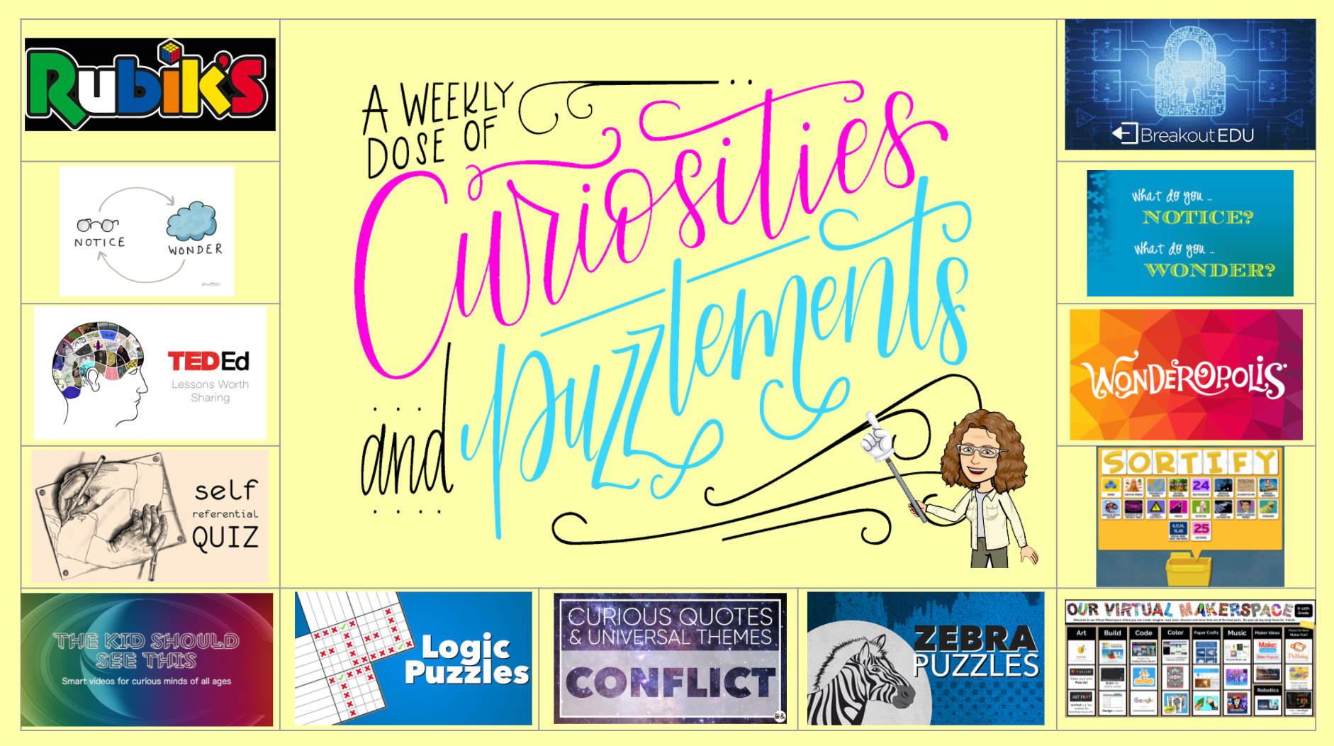 Curiosities Choice Board Different activity ideas for puzzles, quizzes, challenges