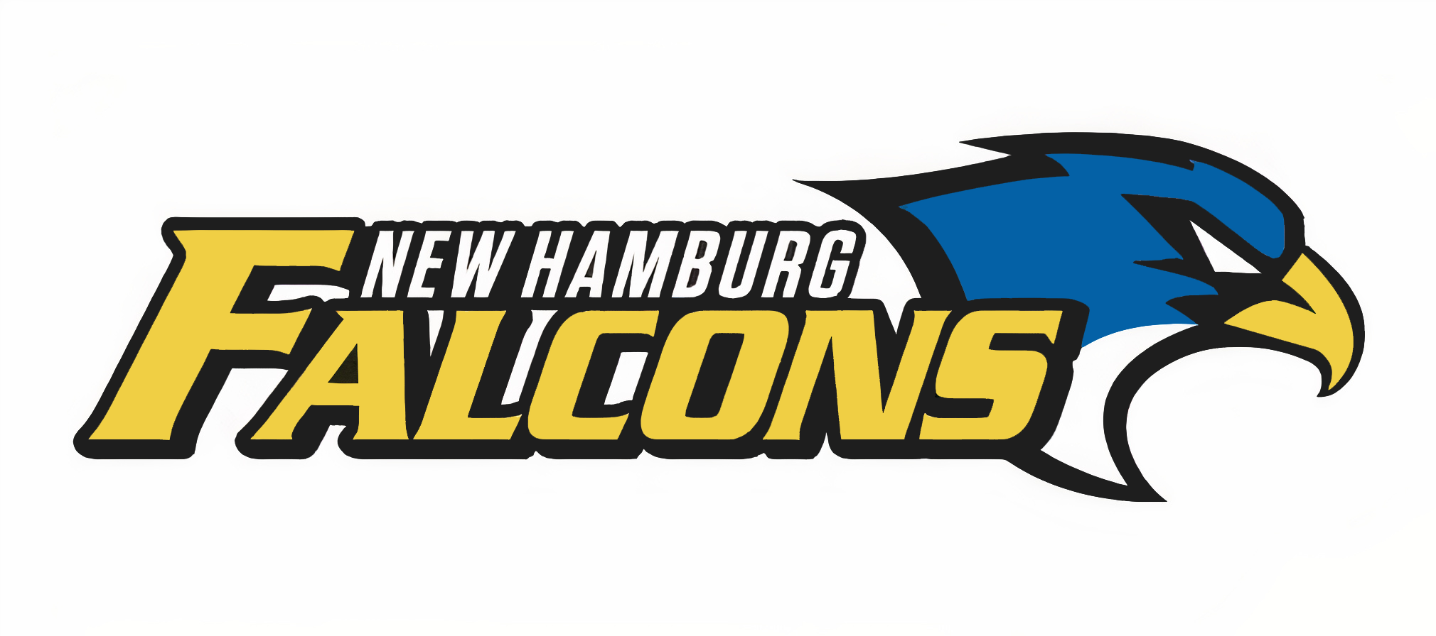 Text reading "New Hamburg Falcons" with blue falcon-head logo behind the letters