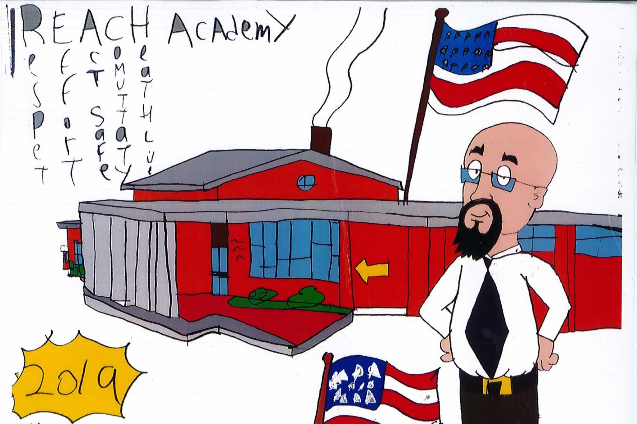 Student artwork of the school with the principal in front of it and American  flag
