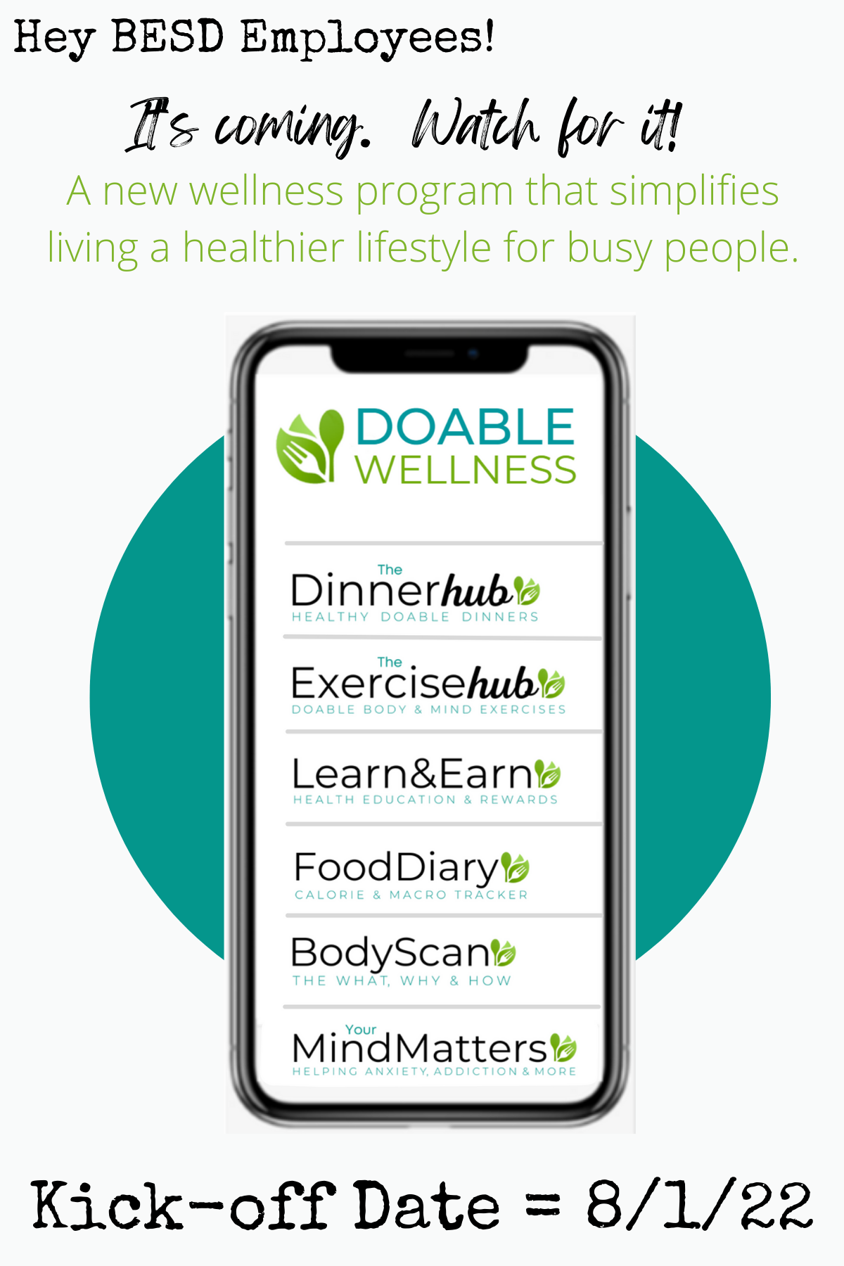 Doable Wellness, Dinner Hub, Exercise Hub, Learn * Earn Hub, Food Diary, Body Scan, Mind Matters