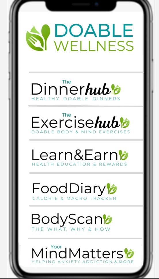 Doable Wellness, Dinner Hub, Exercise Hub, Learn * Earn Hub, Food Diary, Body Scan, Mind Matters