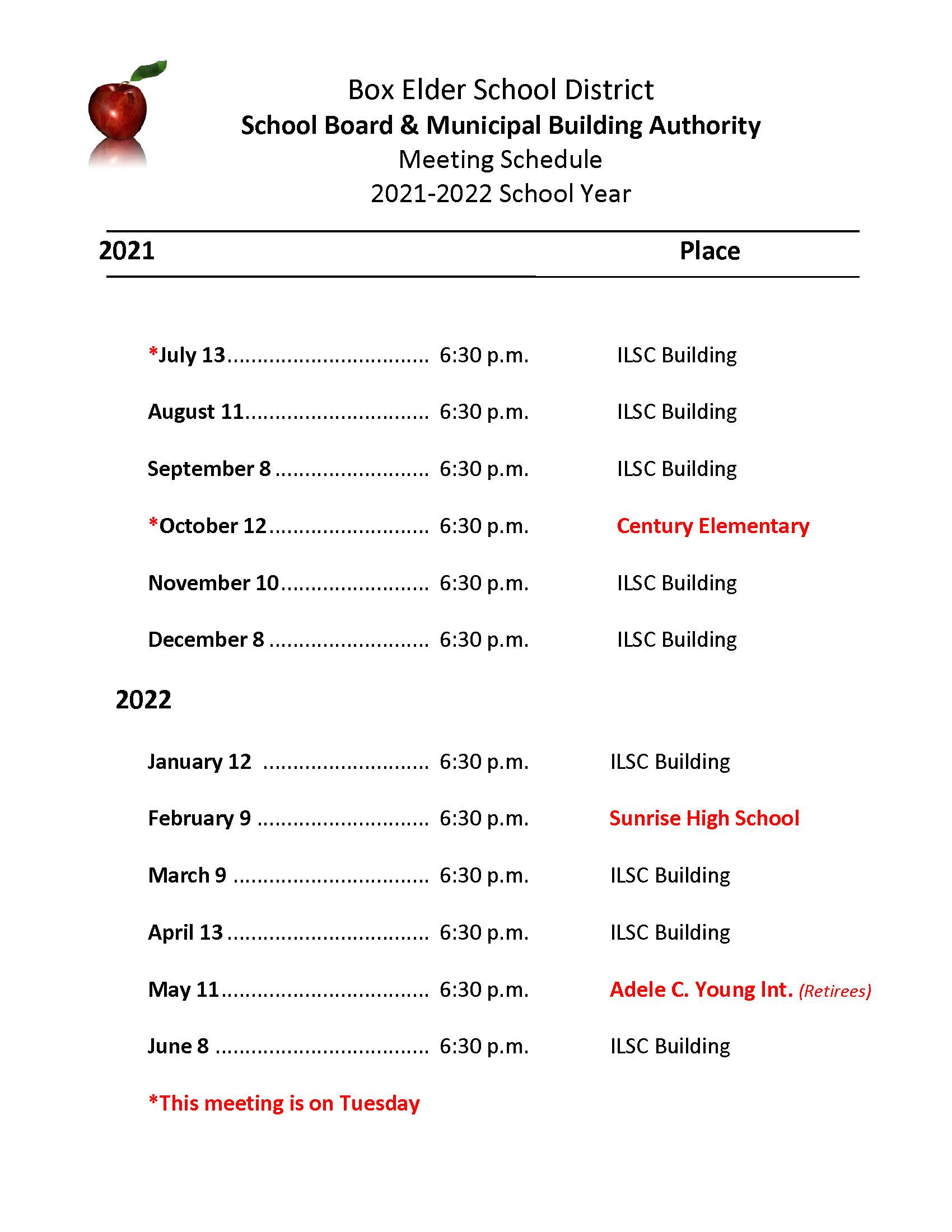 2021-22 School Board Meeting Schedule