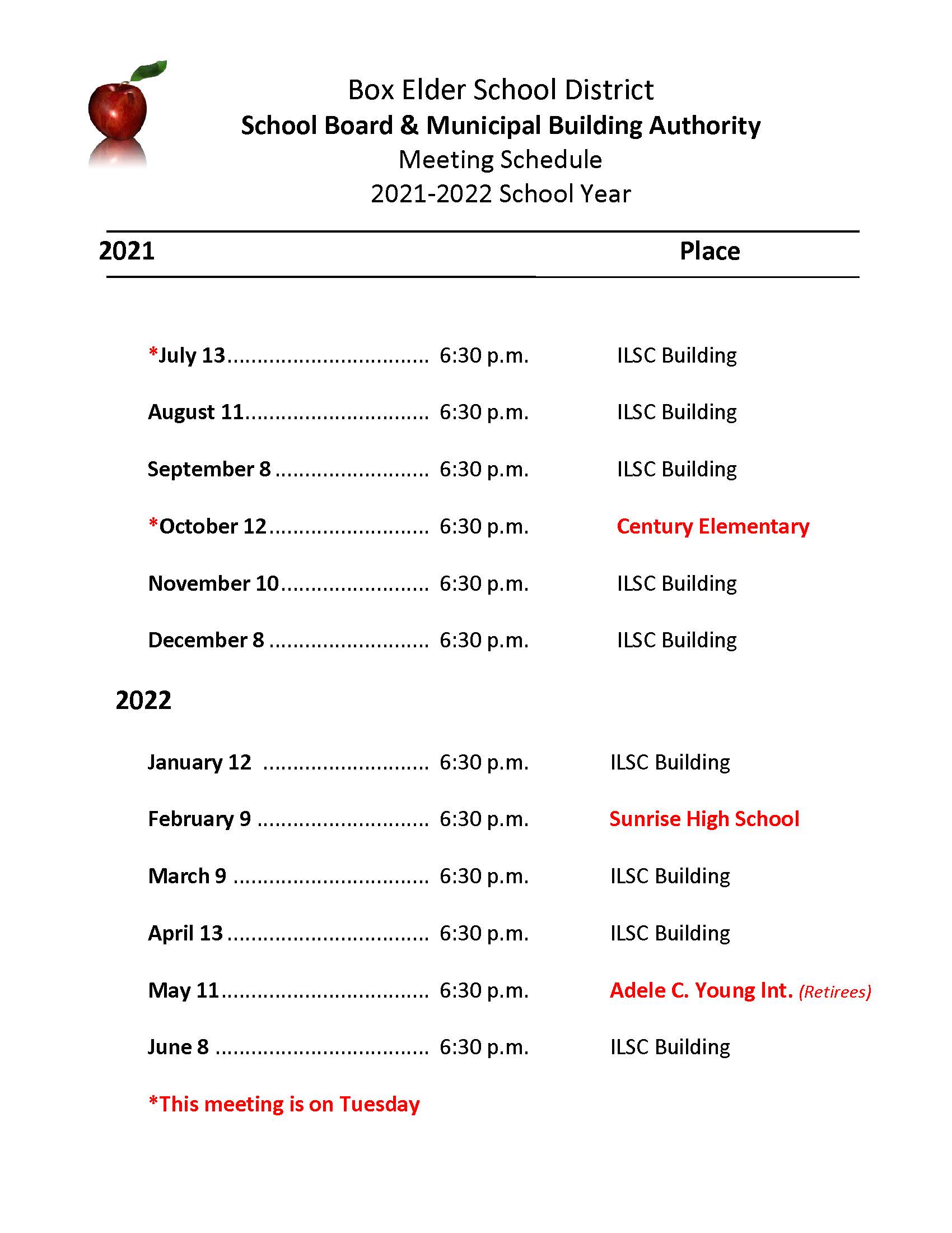School Board Meeting Schedule Box Elder School District