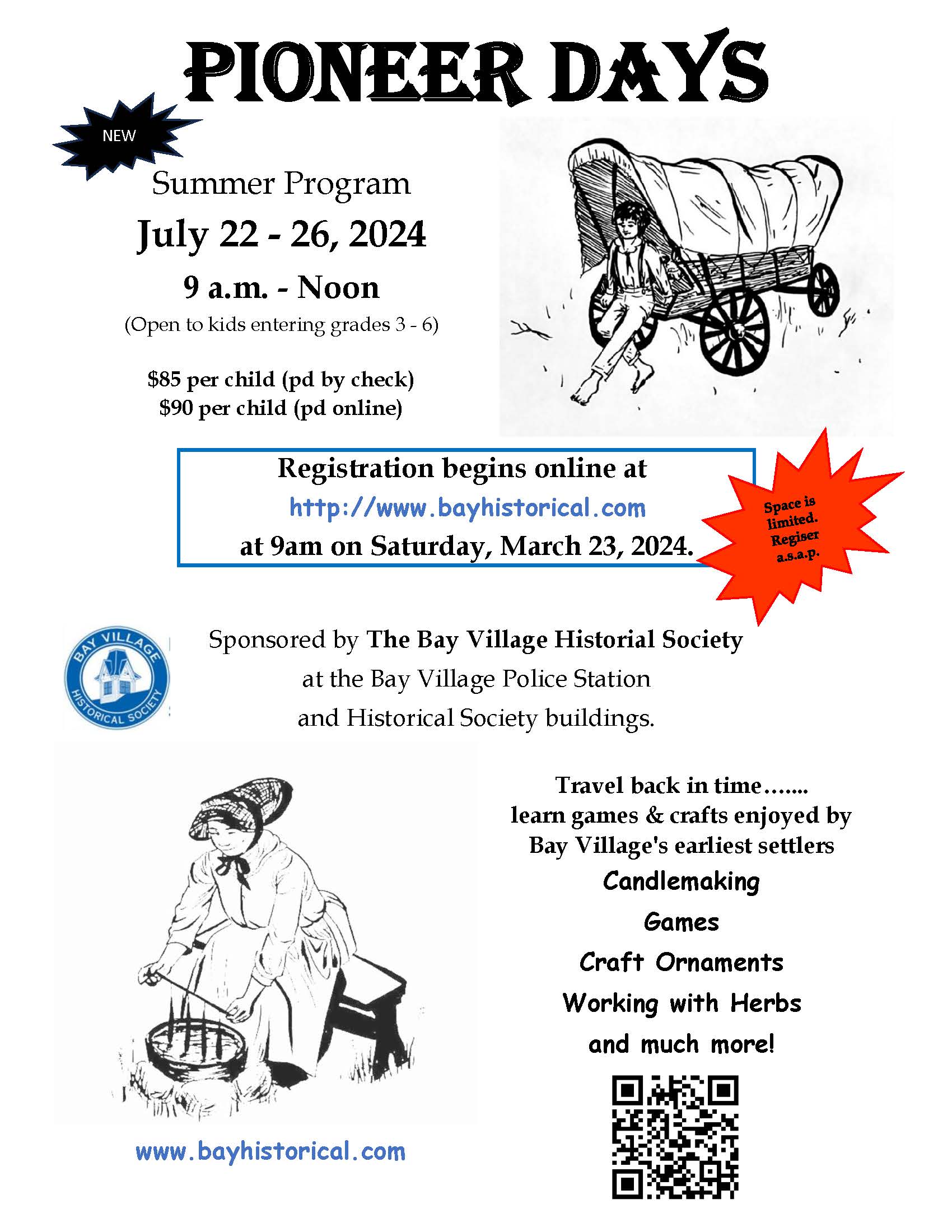 Pioneer Days camp with the Bay Historical Society flyer