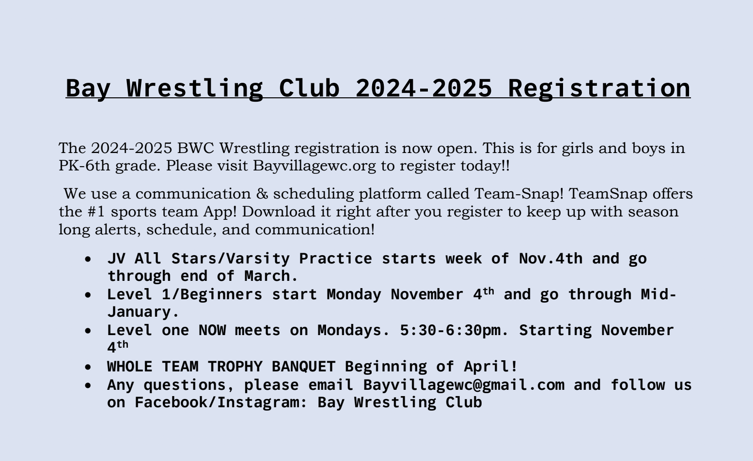 Bay Wrestling Club information flyer 2024