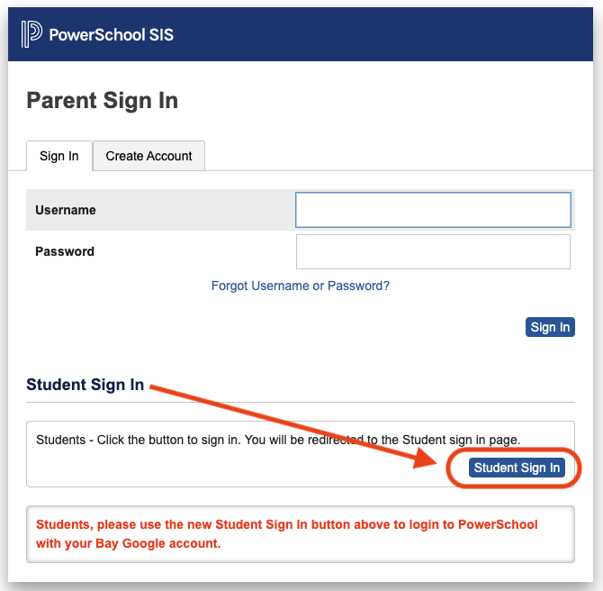 PowerSchool student login screenshot