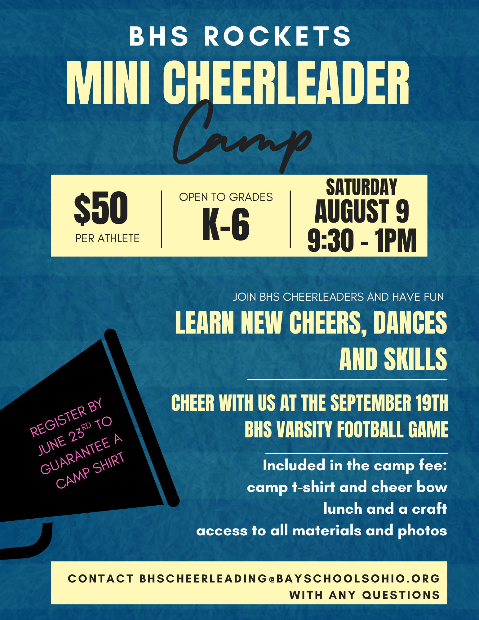 bay high school's mini cheer camp flyer for august 2025