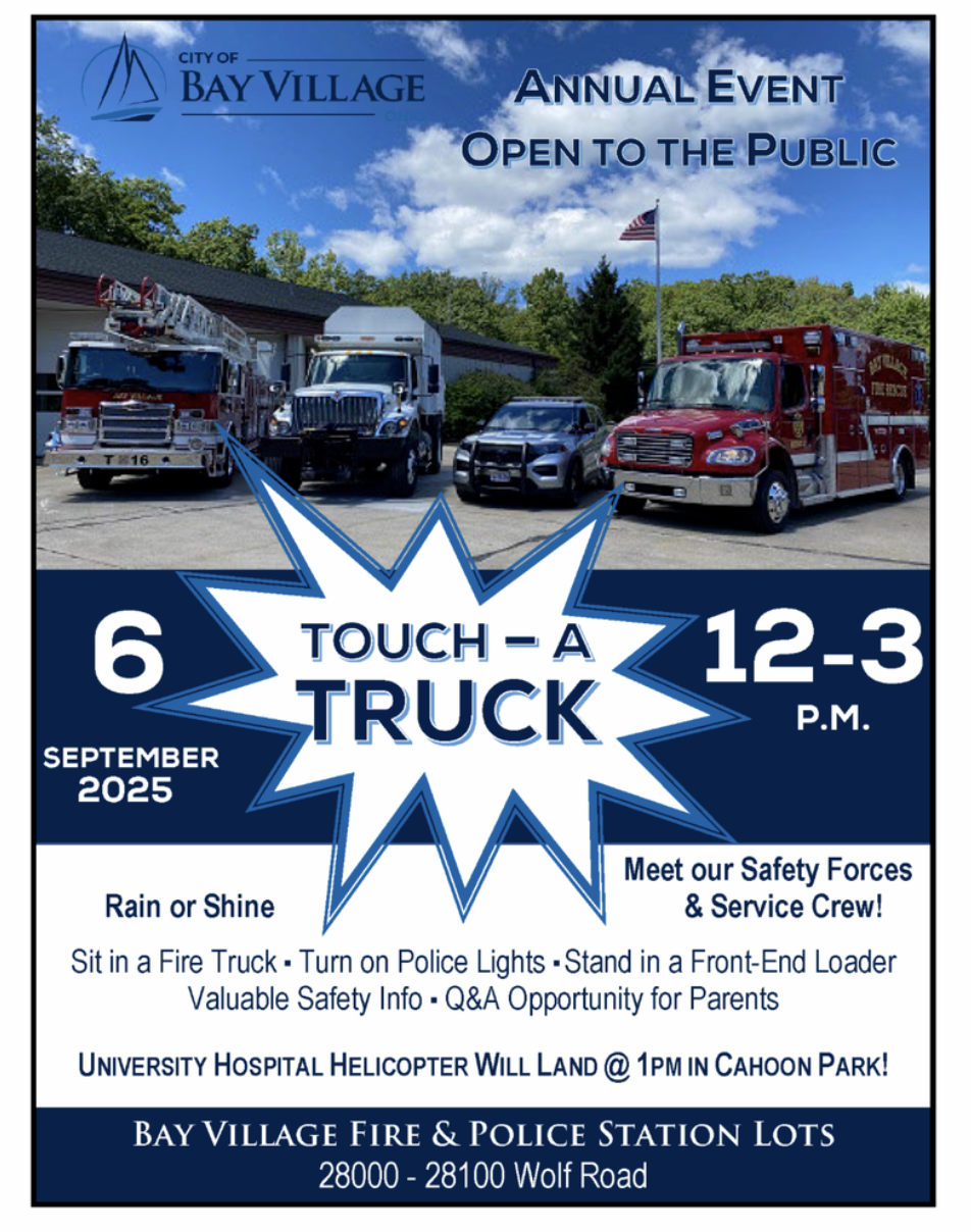 touch a truck flyer for sept 6, 2025 at the bay village fire and police station lots