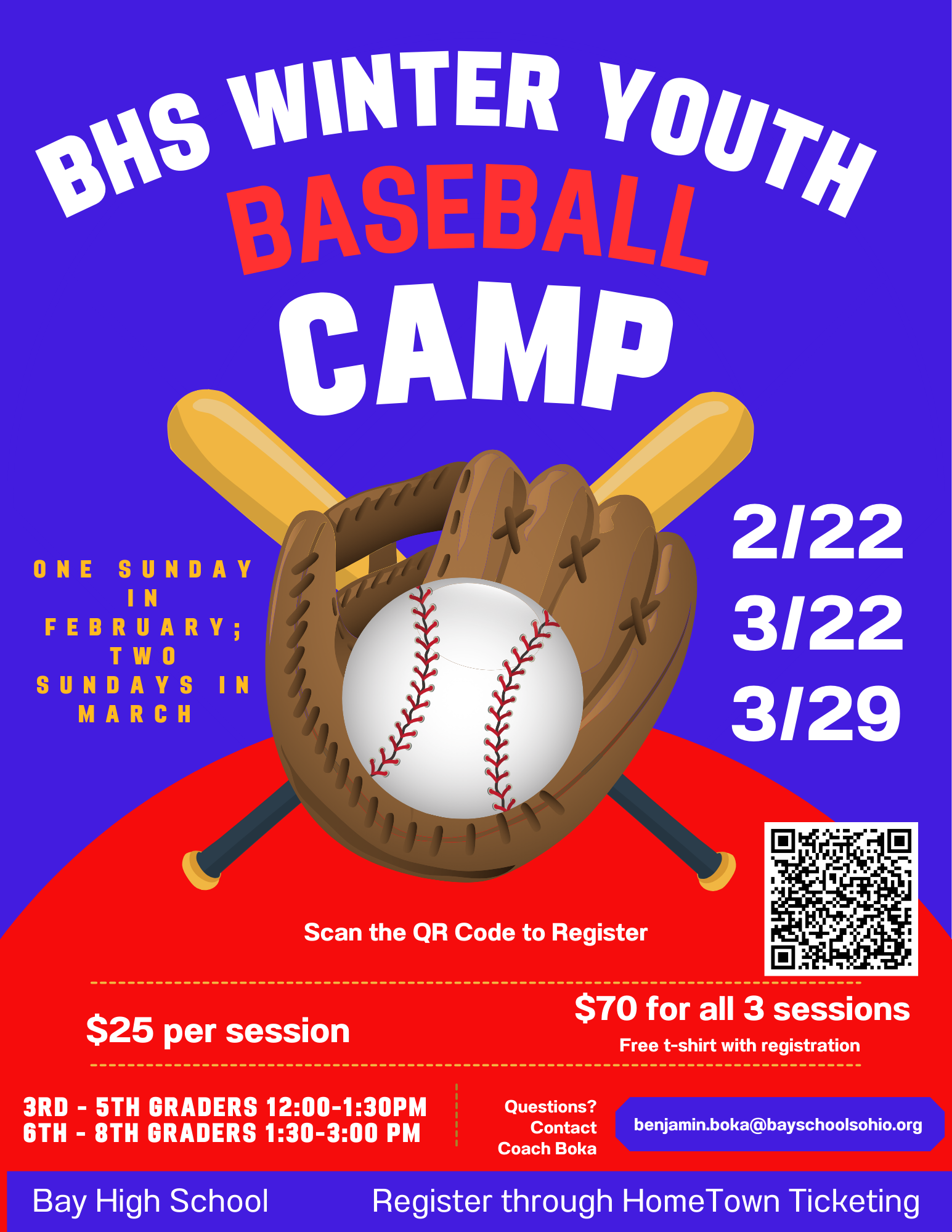 Baseball Camps in Feb and March 2026 Flyer, Grades 3-8
