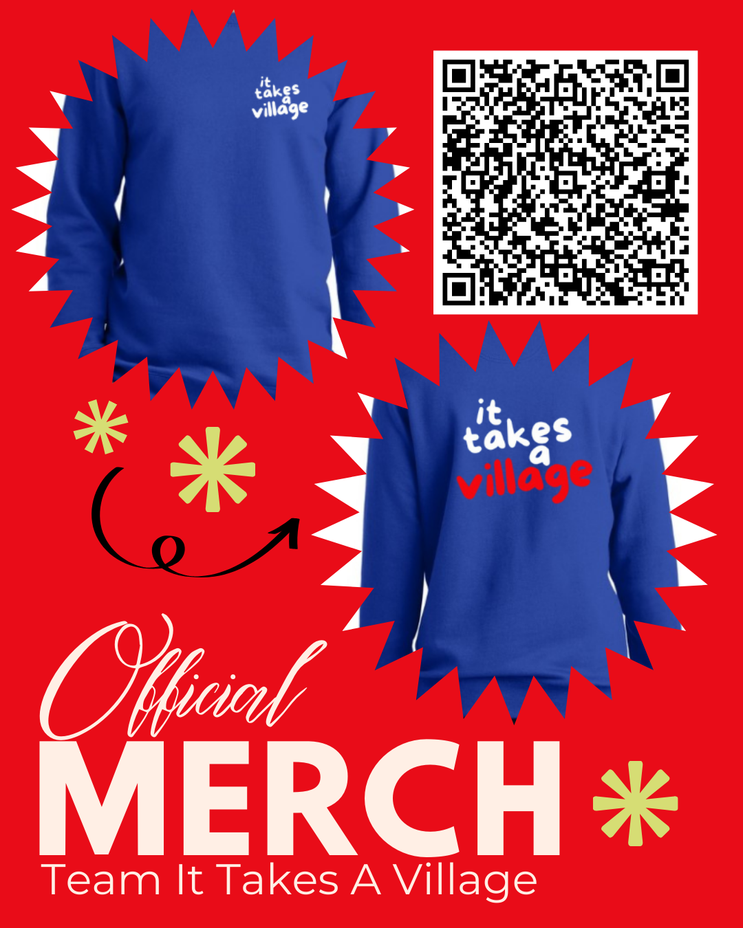 team it takes a village merch sale flyer