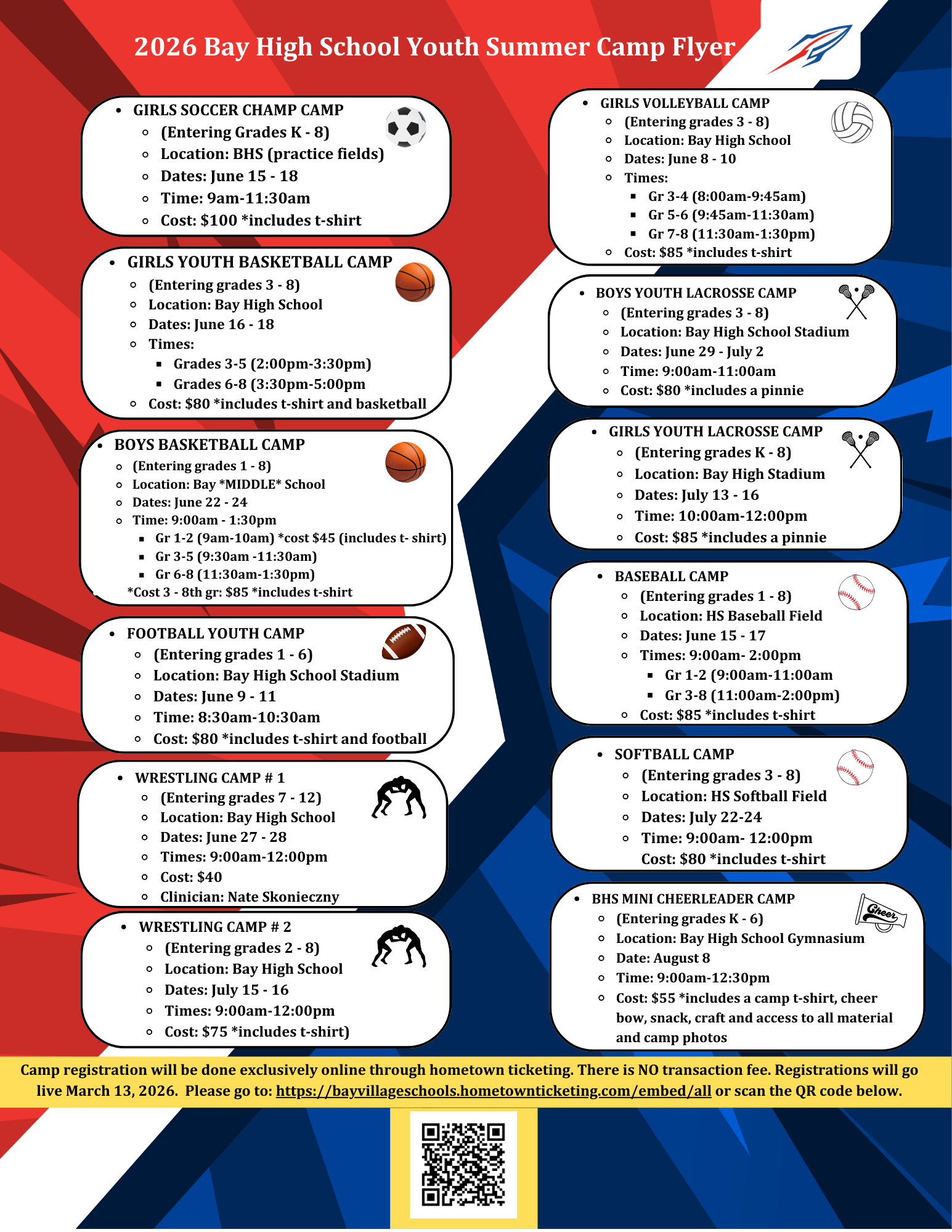 bay high school summer youth camps flyer 2026