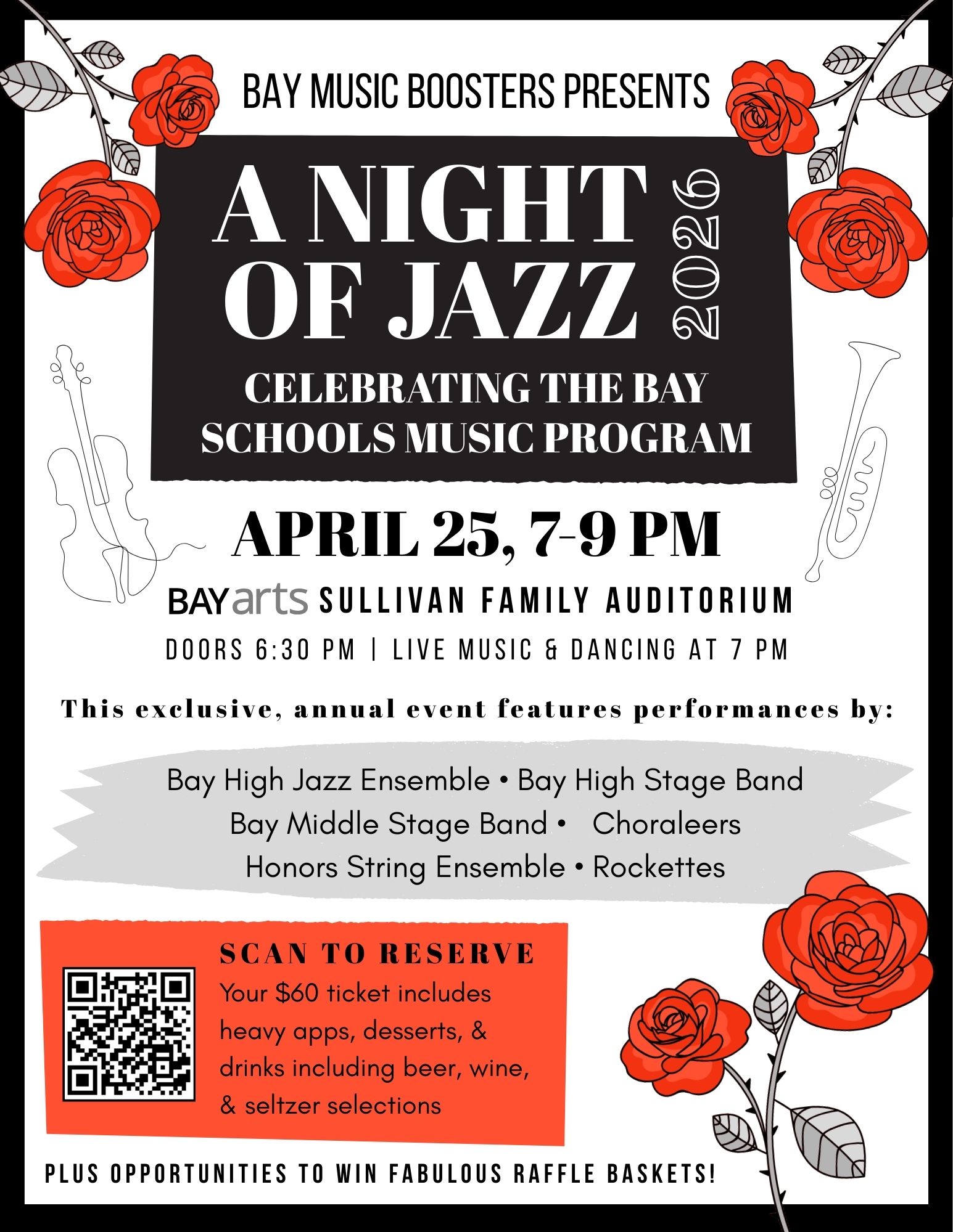 night of jazz fundraiser flyer for bay music boosters april 2026