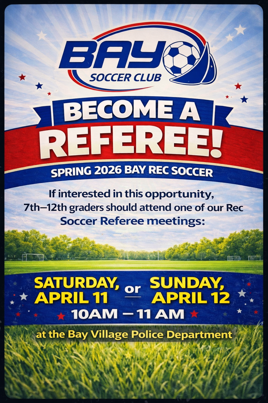 referee flyer for grades 7-12 from bay soccer club march 2026