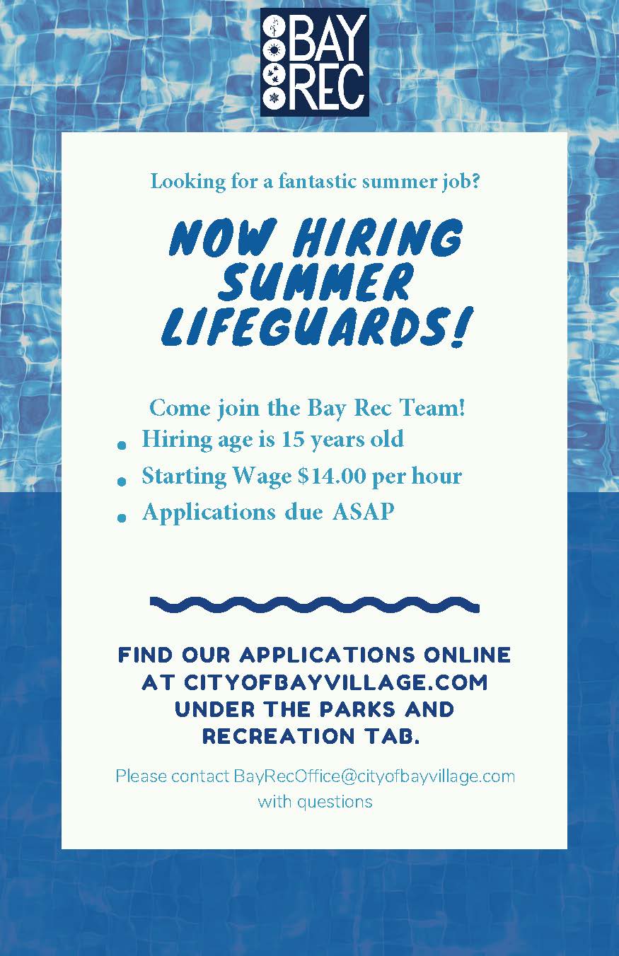 lifeguard flyer for the city of bay village for summer 2026