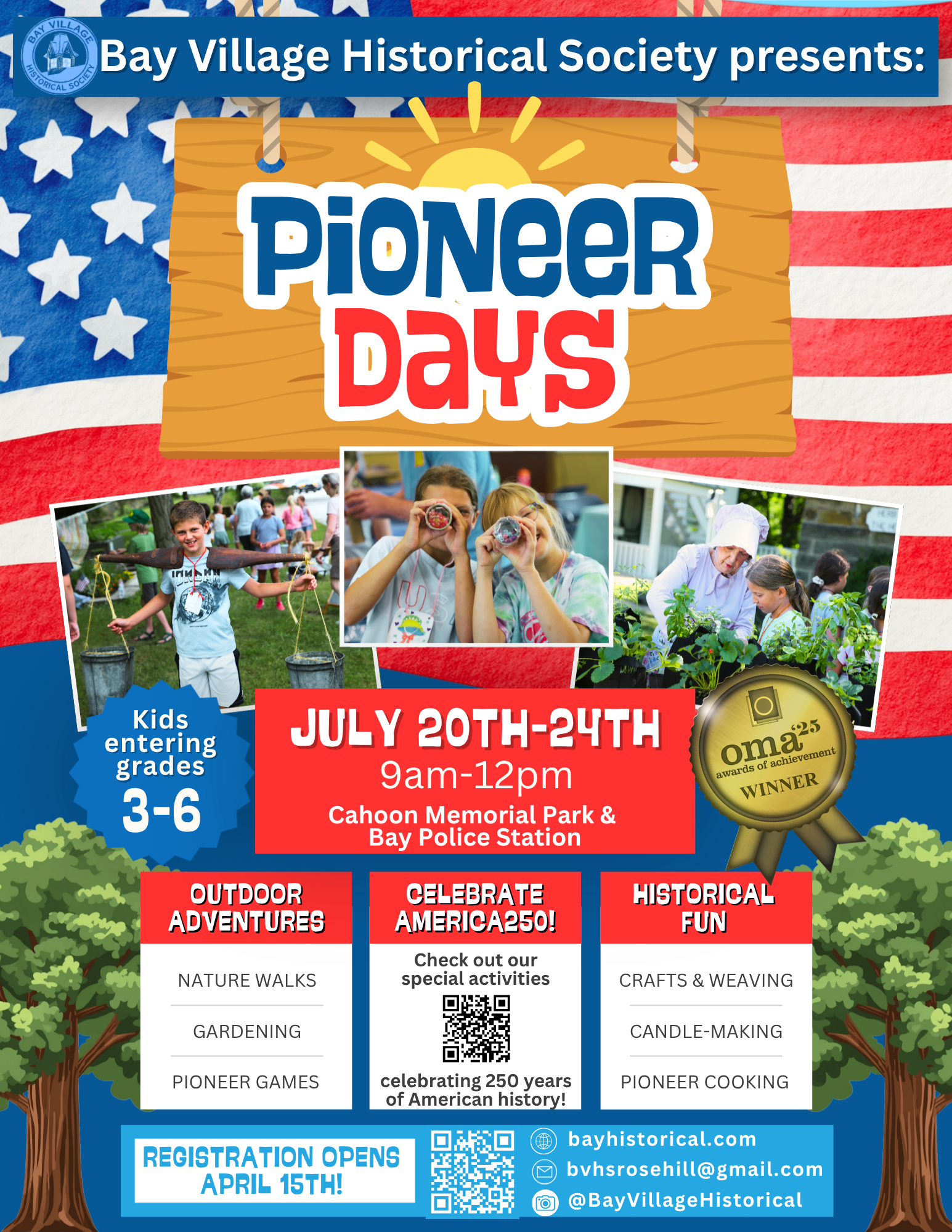 flyer for bay historical society summer camps in july of 2026