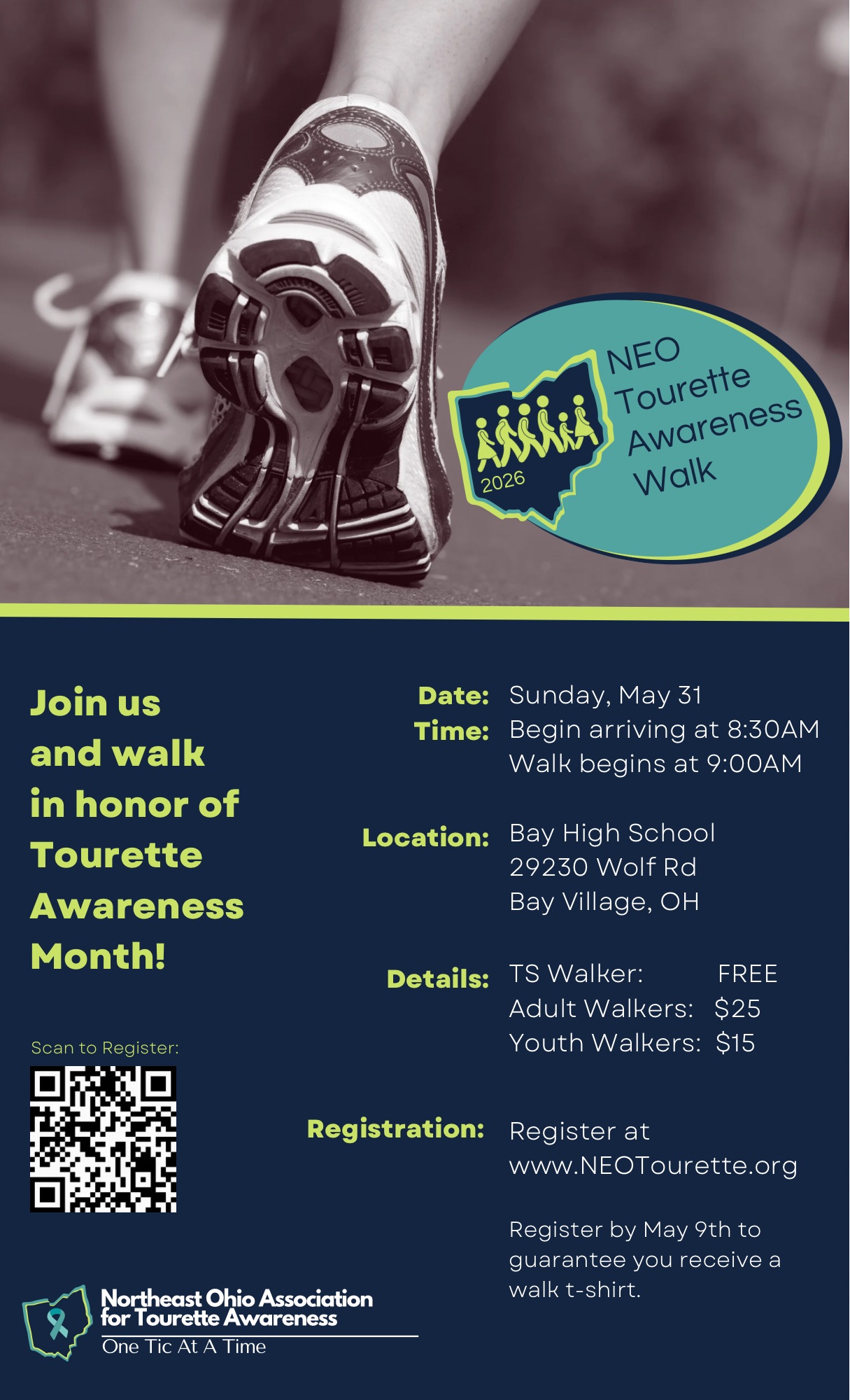 Flyer for the Tourette Association fundraising walk on sunday, may 31 at bay high school. 