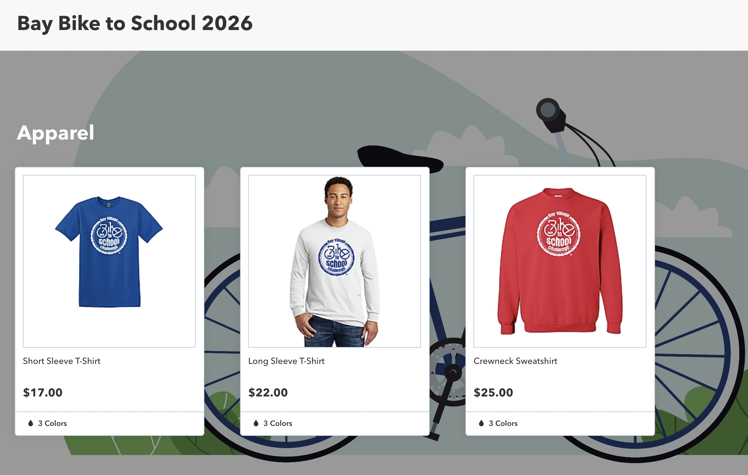 Images of three shirts for the bike to school challenge event for May 2026.