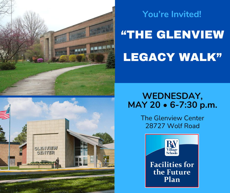 A flyer to promote the Glenview Center Legacy Walk on May 20, 2026 with current building image and rendering for the future.