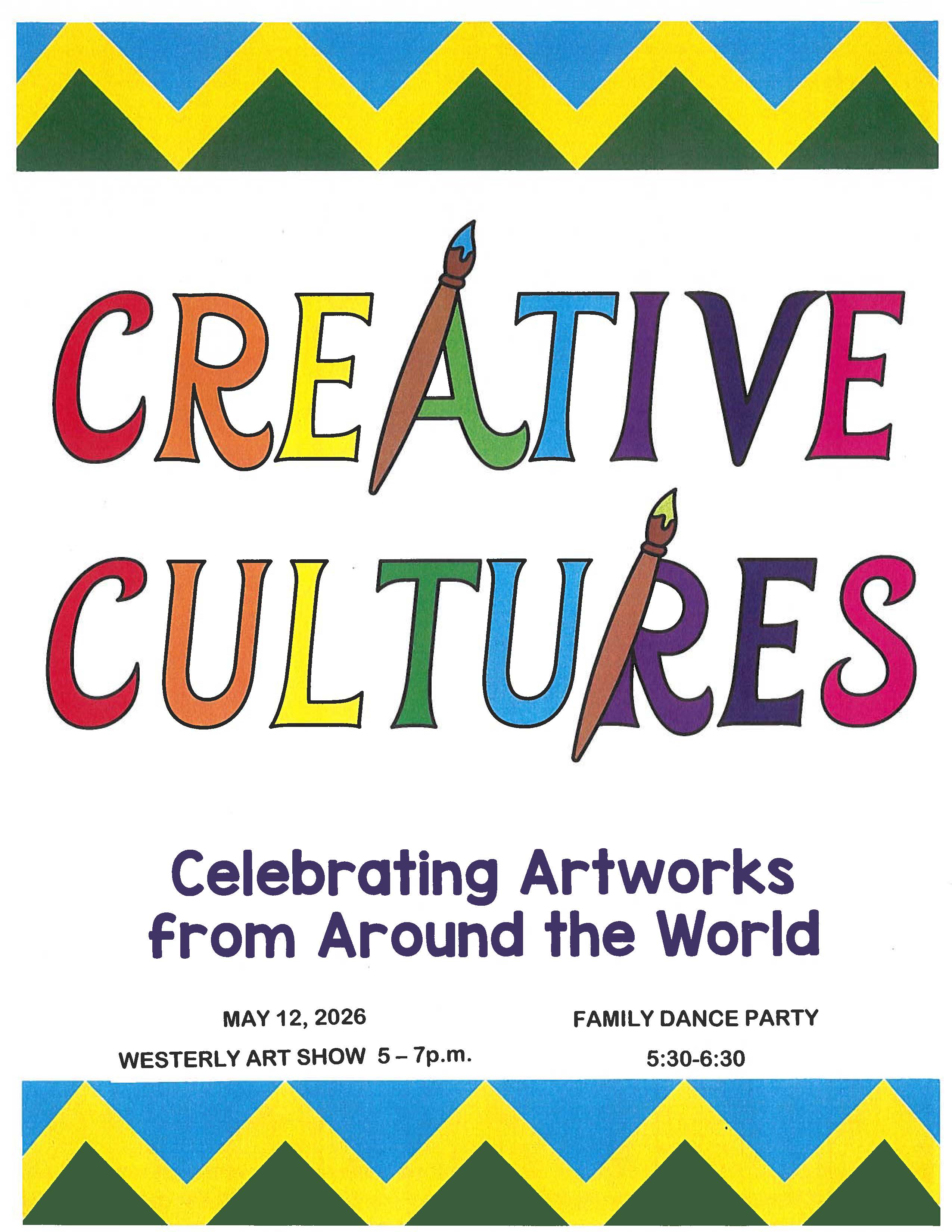Westerly Art Show Creative Cultures flyer for May 12, 2026 event with paintbrush graphic.