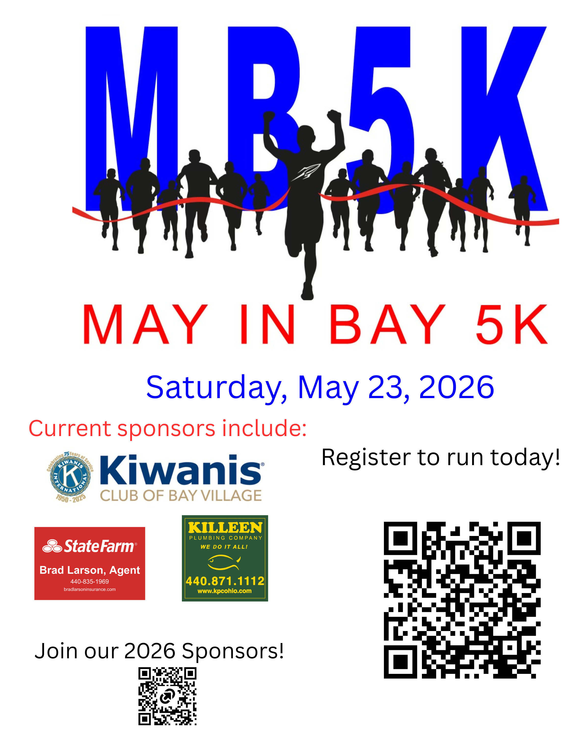 Flyer for the May 23, 2026, May in Bay 5K run and walk that shows the race logo, sponsor names and QR code for registration.