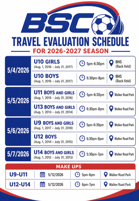 Bay Soccer Club spring tryout dates and information flyer for May 2026.