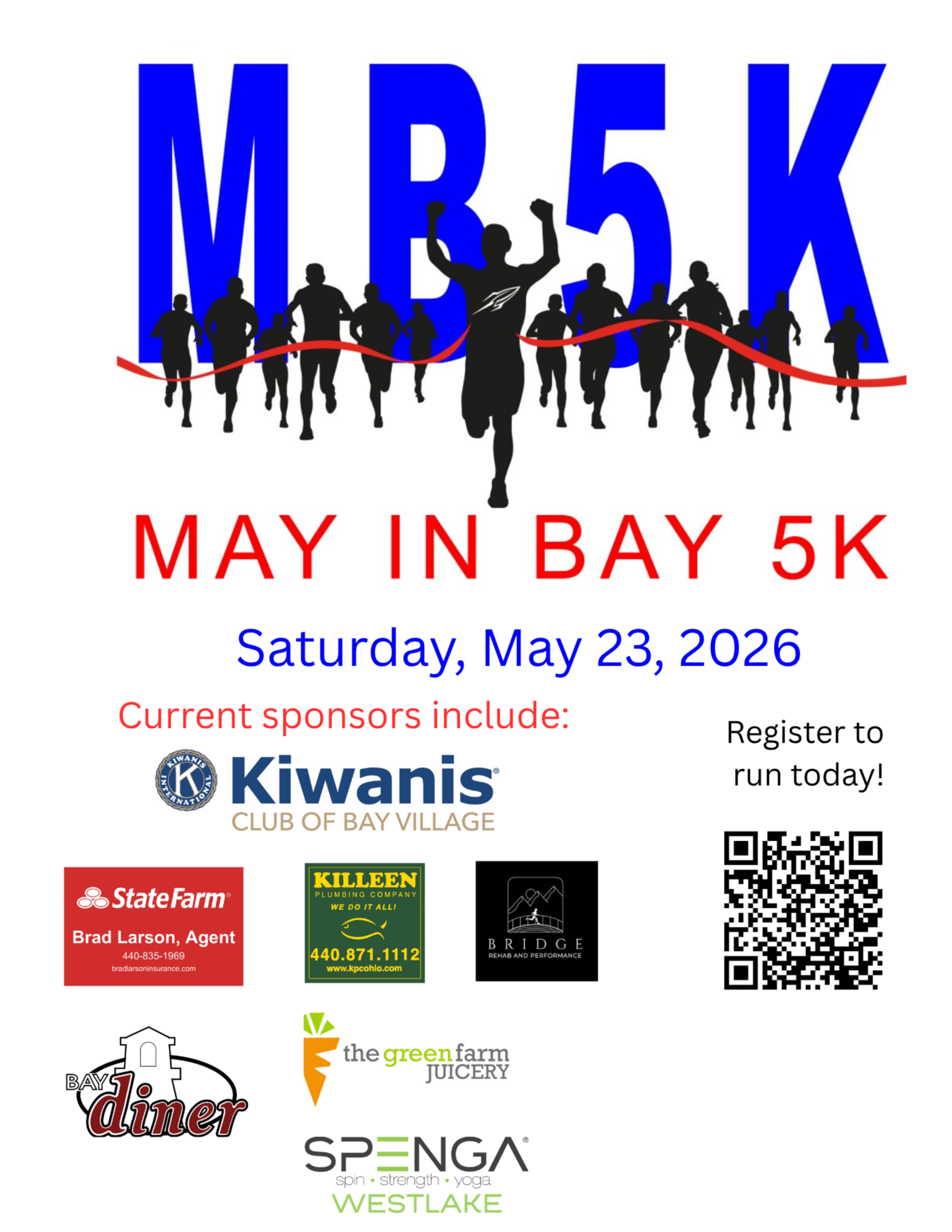 Flyer for the May 23, 2026, May in Bay 5K run and walk that shows the race logo, sponsor names and QR code for registration.