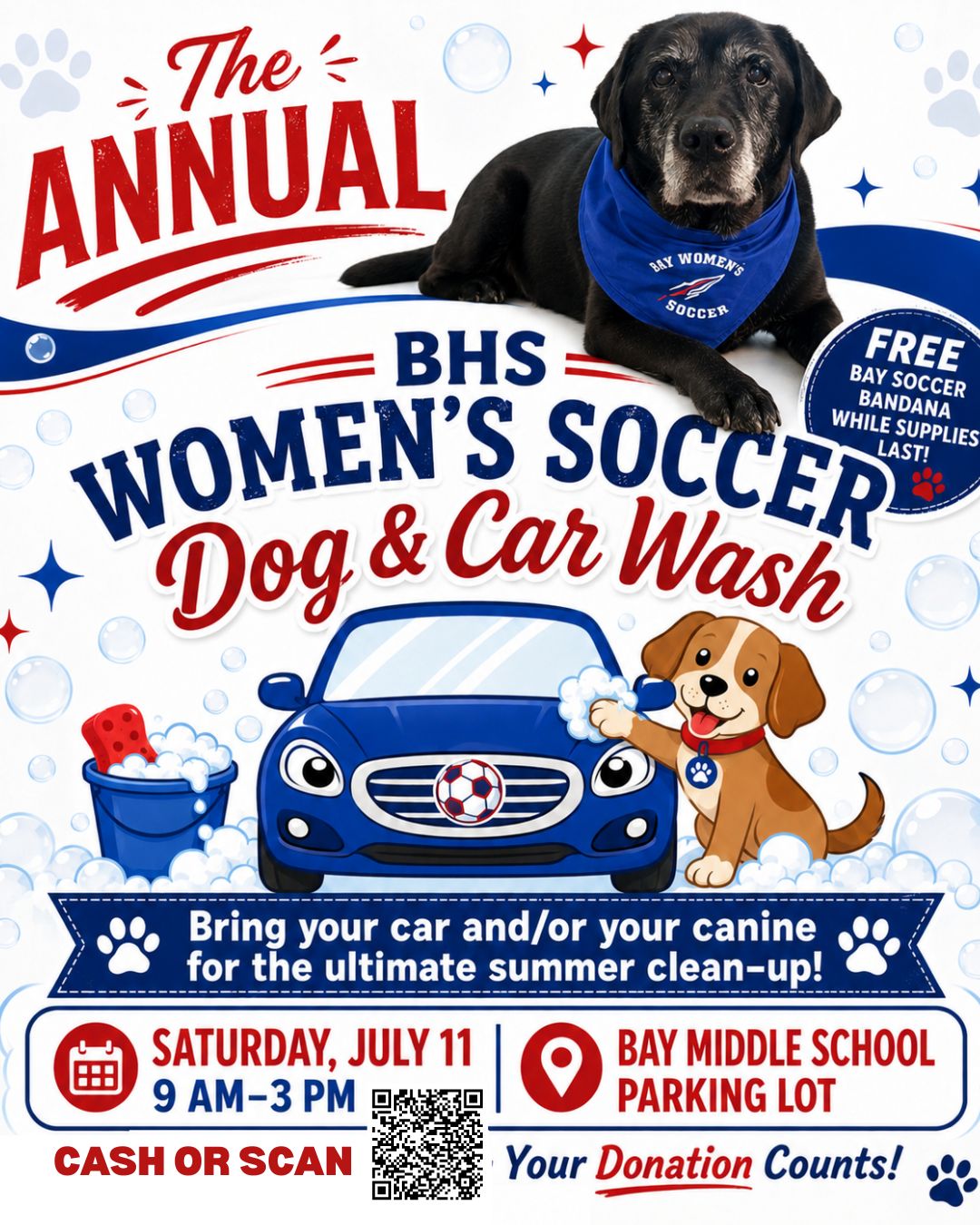 Girls Soccer Car Wash and Dog Wash Fundraiser Flyer July 11, 2026