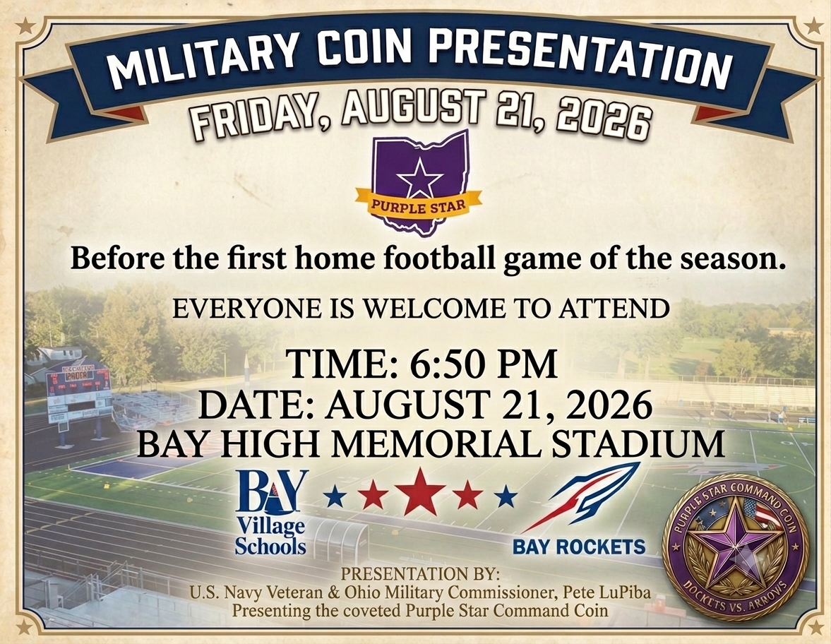 Military Coin Presentation Event on Friday, August 21, 2026, with logos and stars promoting the purple star military coin
