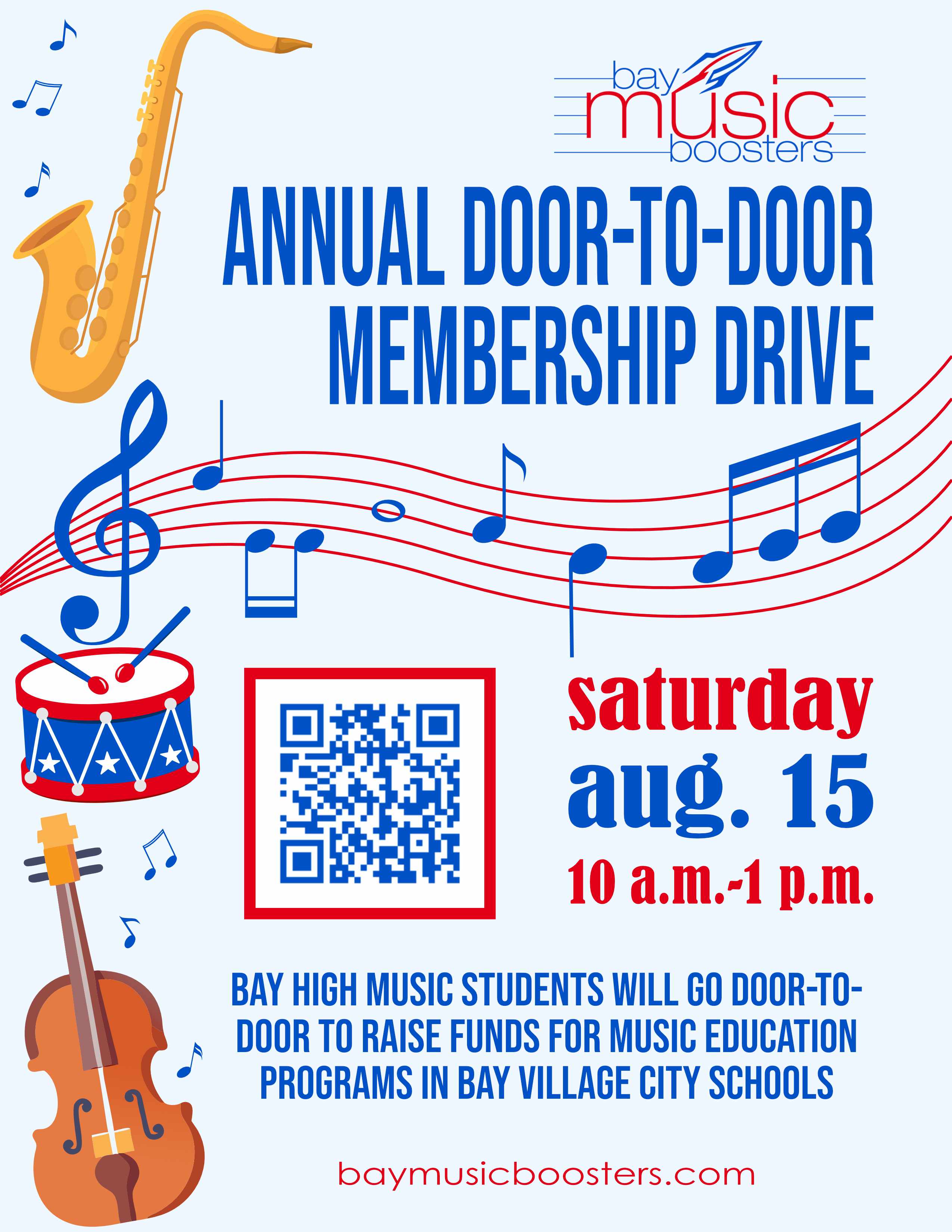 Flyer promoting the door-to-door Band Membership Drive with musical instruments, text, a qr code, all with a blue and red theme.
