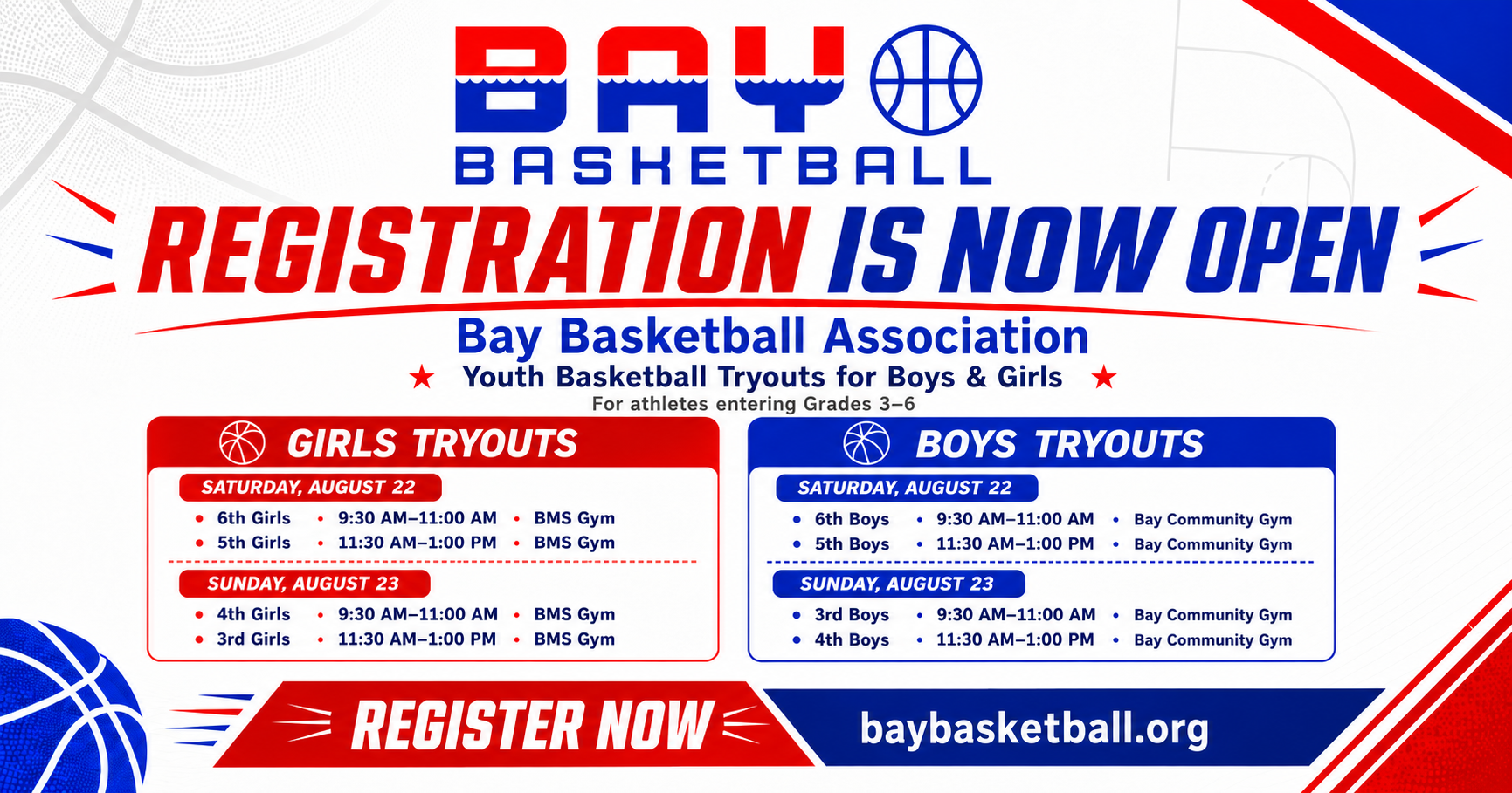 Travel Basketball Tryouts Flyer with dates, times and a red, white and blue theme.