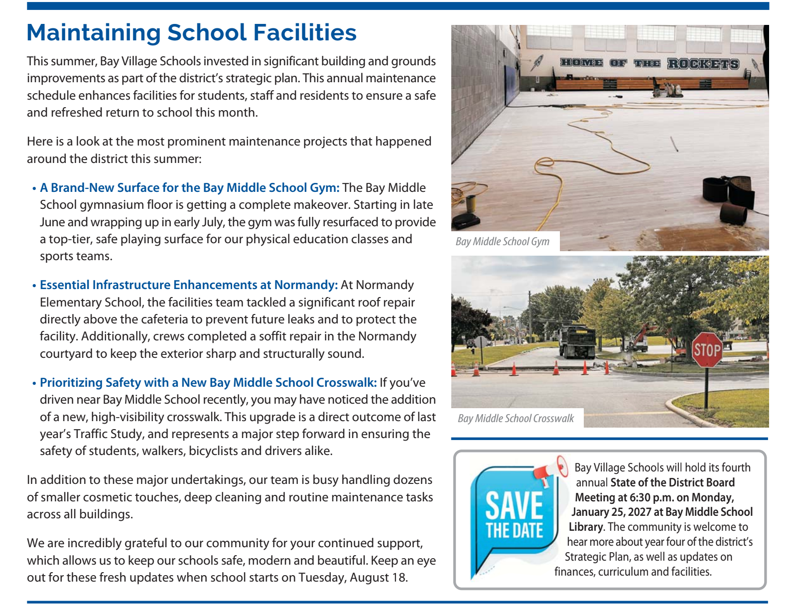 screenshot of back of august 2026 newsletter about facilities improvements that took place over the summer, including redoing a gym floor and adding a crosswalk, both at bay middle school.