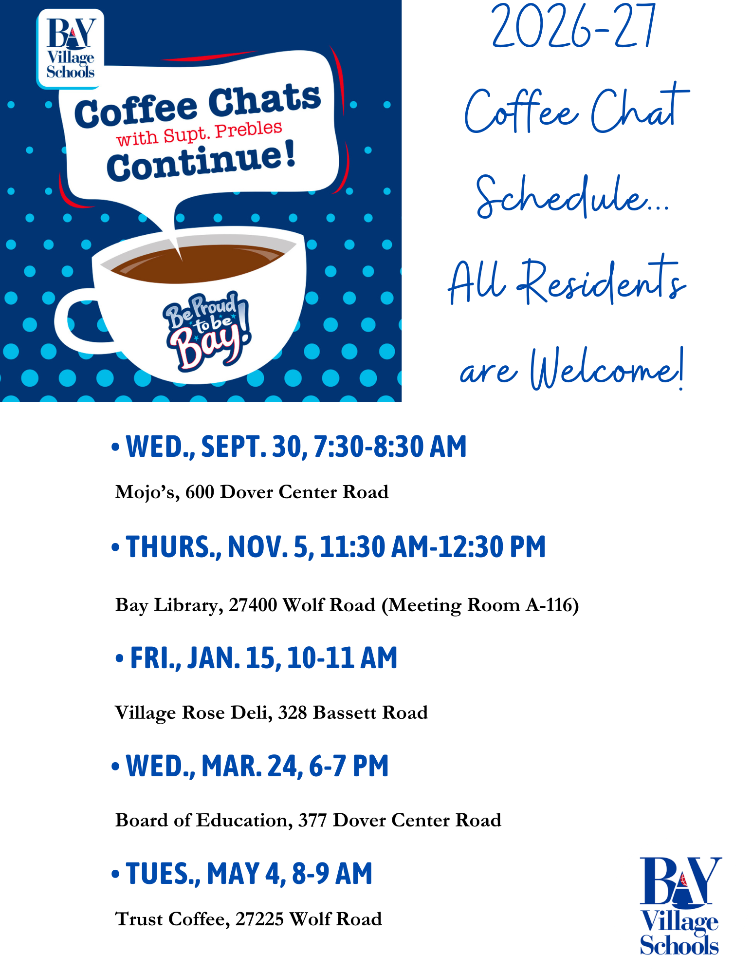 Coffee Chats flyer for the 2026-27 school year including dates, times and places.