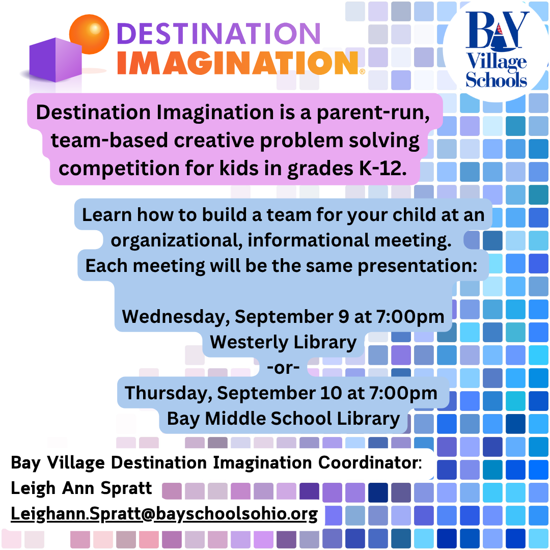 Destination Imagination flyer promoting the first parent meeting of the 2026-27 school year.